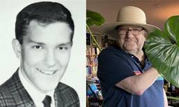 Joe Knee Graduation Photo on Left, Recent Joe photo holding giant plant leaf and smiling.